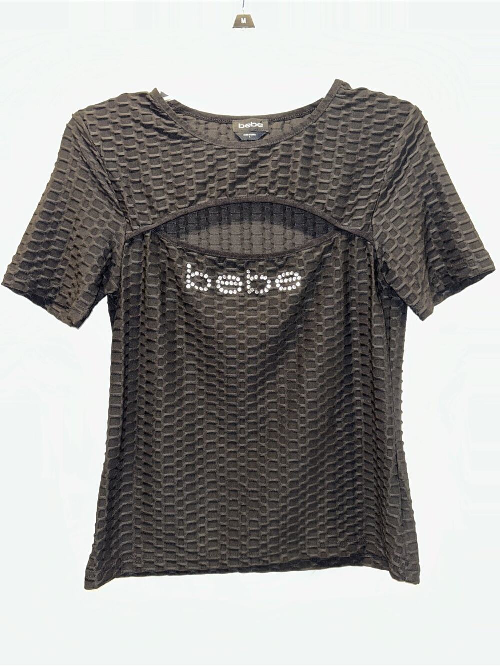 bebe Black Top Rhinestone Logo Size Lg Short Sleeve Cutout Vamp Goth Glam